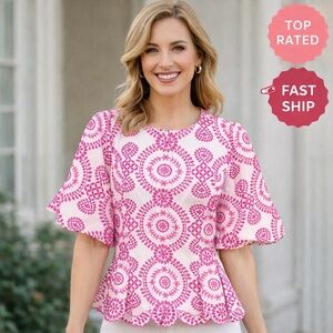 Doncaster Collection Blouse S 12P Pink White Peplum Top Career Preppy Feminine